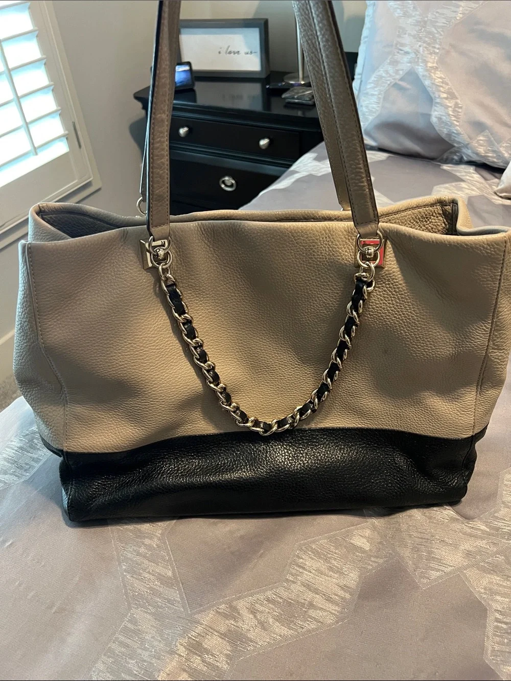 kate spade Two-Tone Pebbled Leather Tote in Cream and Black with Chain Accent